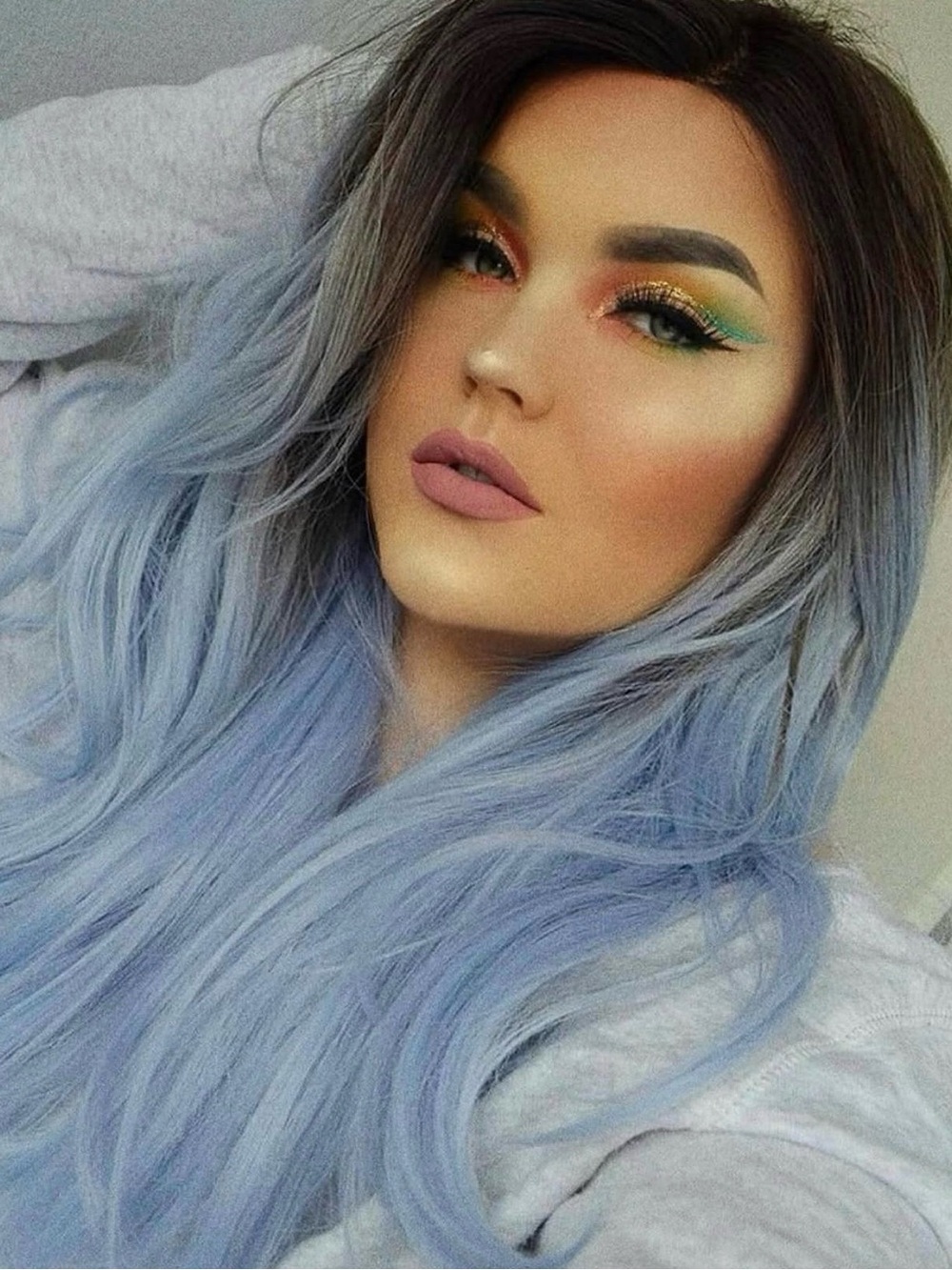 PowderRoomD Luxe Ombre Long Wig in Silver Blue w/cap